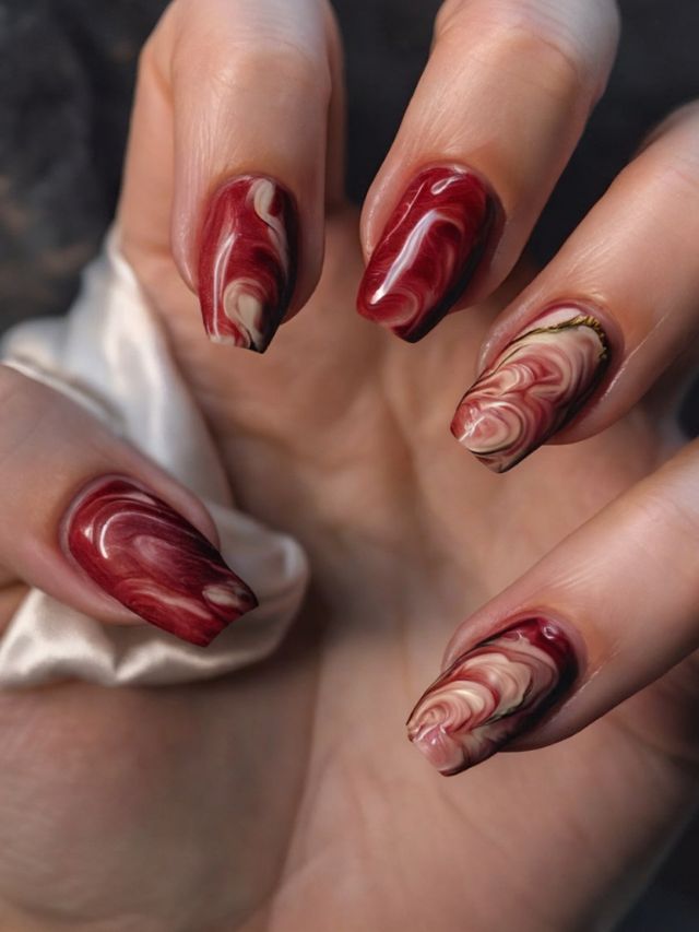 A woman's hand with gorgeous red and white marbled nails.