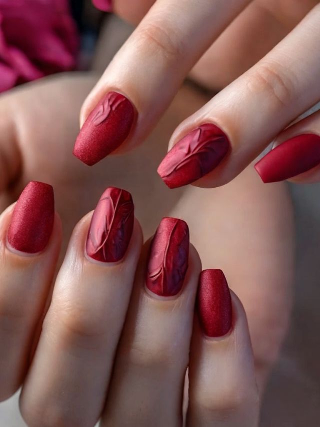 A woman's hand flaunting red almond nail designs.