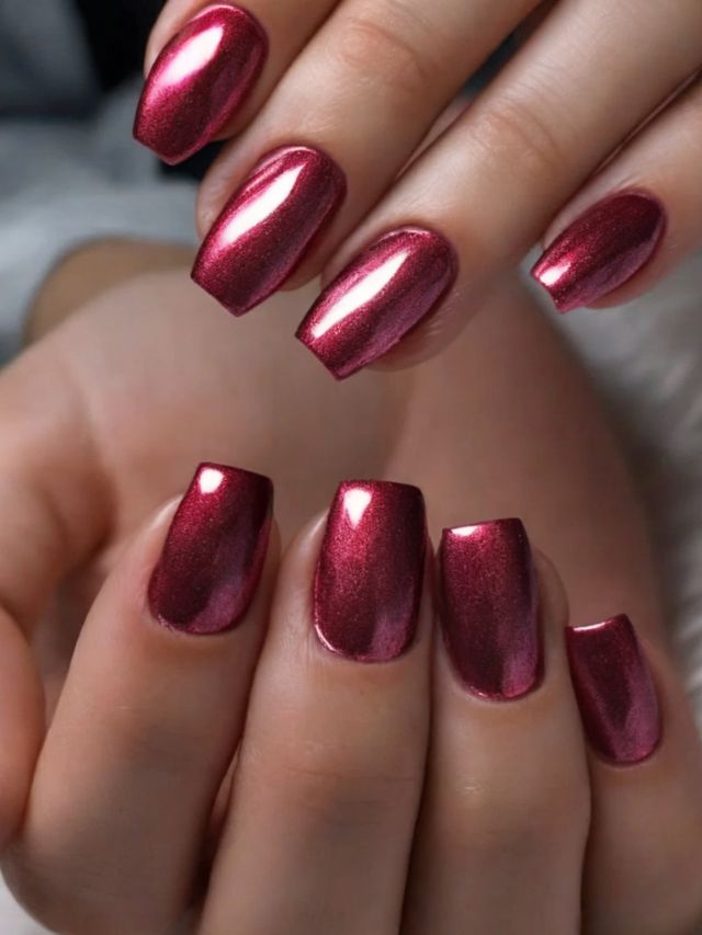 A woman's hands with burgundy nails in a gorgeous design.