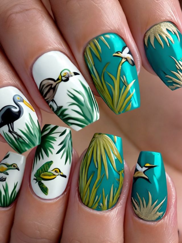 A woman's nails are decorated with Miami-inspired birds and palm trees.