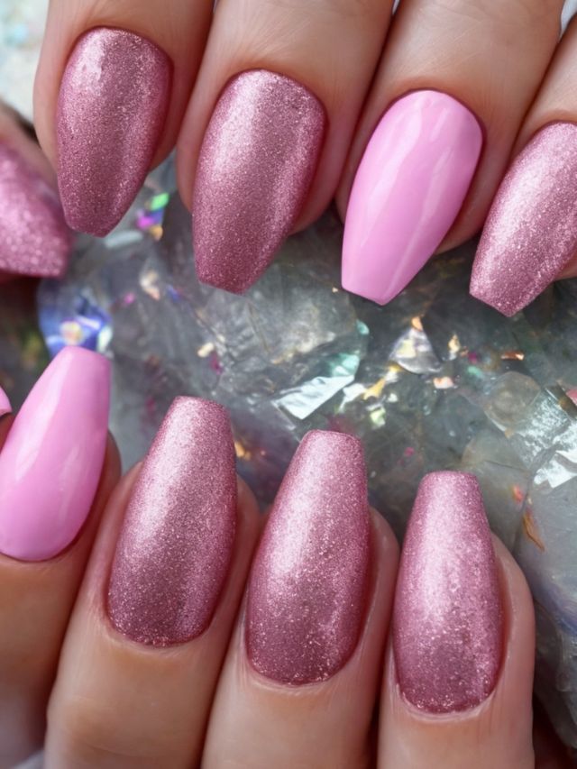 A woman's pink nails with glitter on them, adorned with pink, purple and blue nail designs.