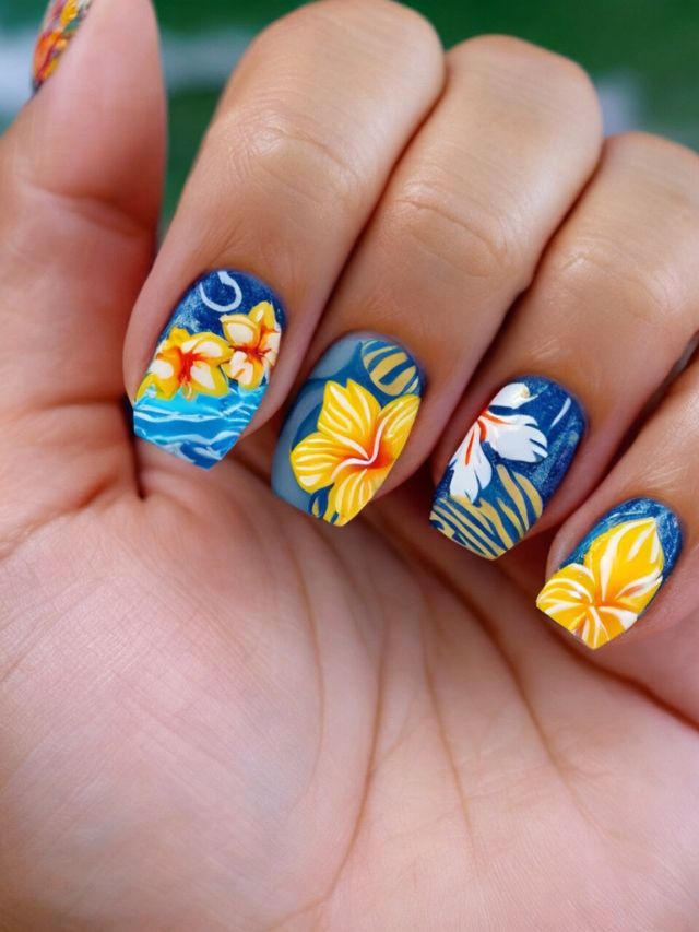 Luau-inspired nail designs featuring Hawaiian flowers.