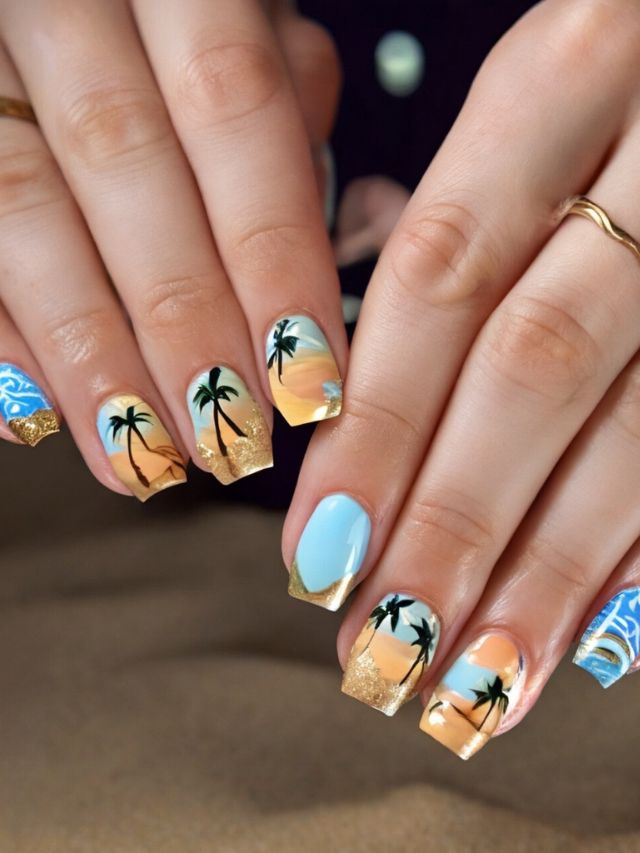 A woman's nails with palm tree designs, perfect for a luau-inspired look.