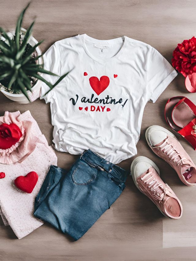 Valentine's day t - shirt, jeans, shoes and flowers.