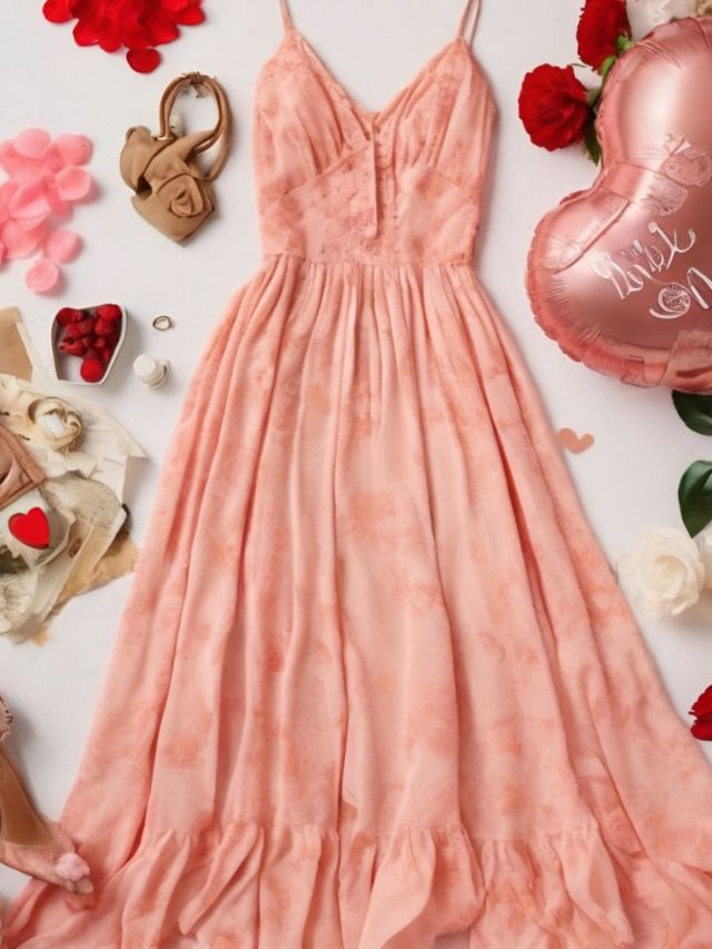 Valentine's day dress, shoes, flowers and balloons.