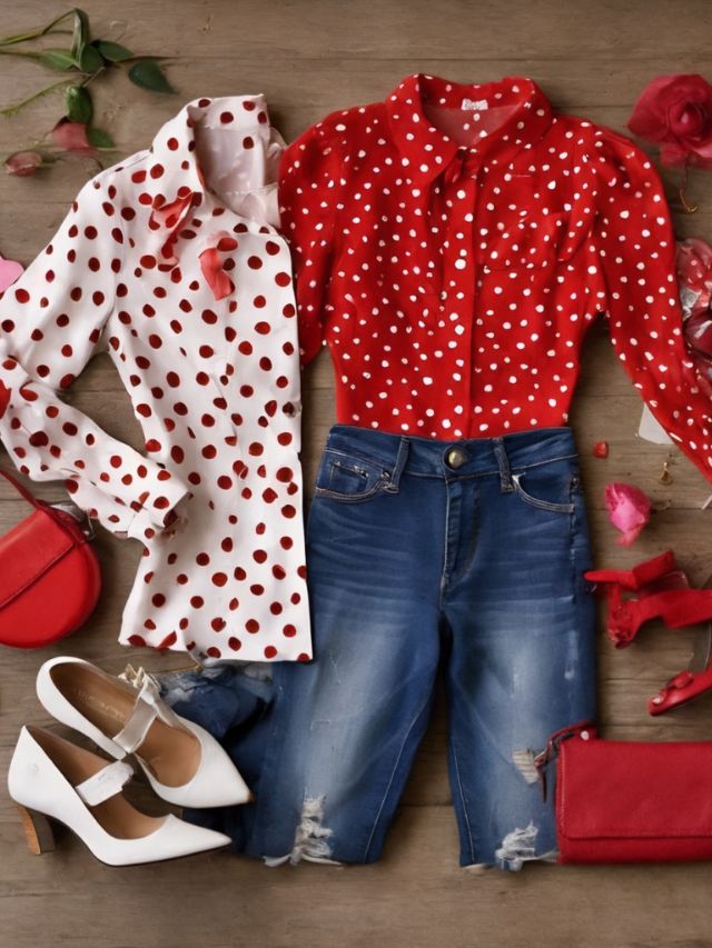 Valentine's day outfit with red polka dot shirt, jeans, shoes and purse.