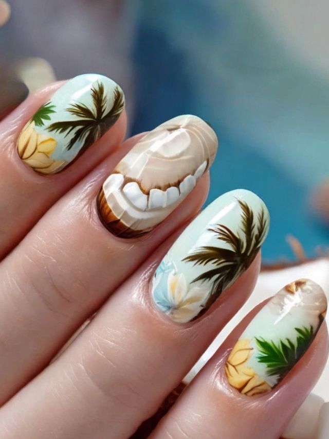 A woman's nails are decorated with palm trees, evoking a tropical Luau atmosphere.