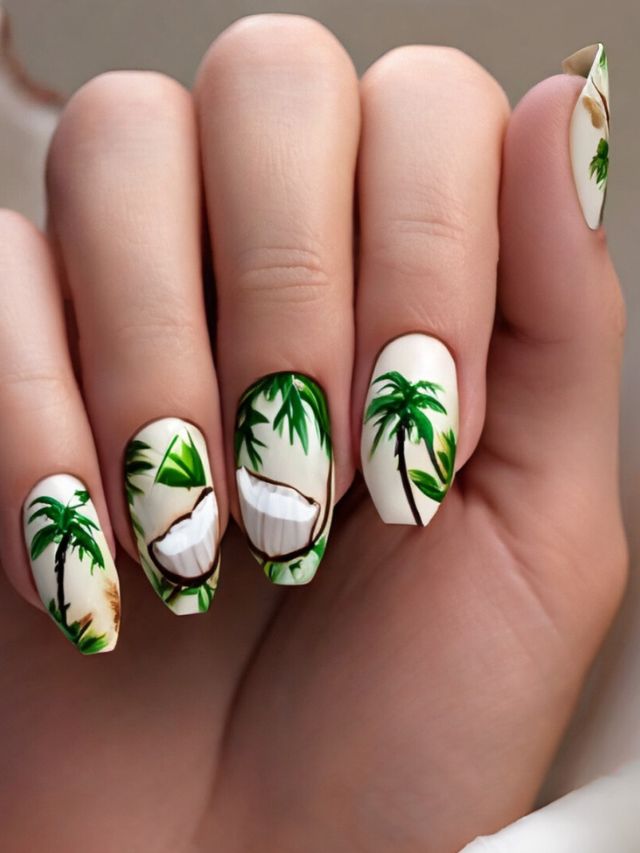 A woman's nails are beautifully decorated with palm trees and coconuts in a luau-inspired nail design.