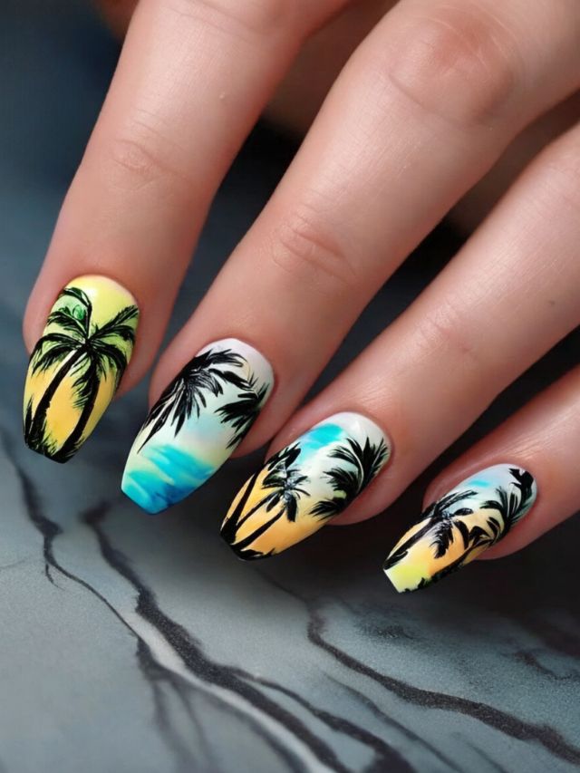 A woman's nails with palm trees painted on them - perfect for a luau party or vacation-inspired nail designs.