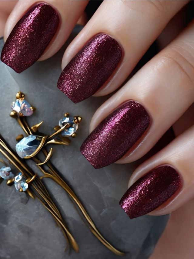 A close up of fall red nail designs.