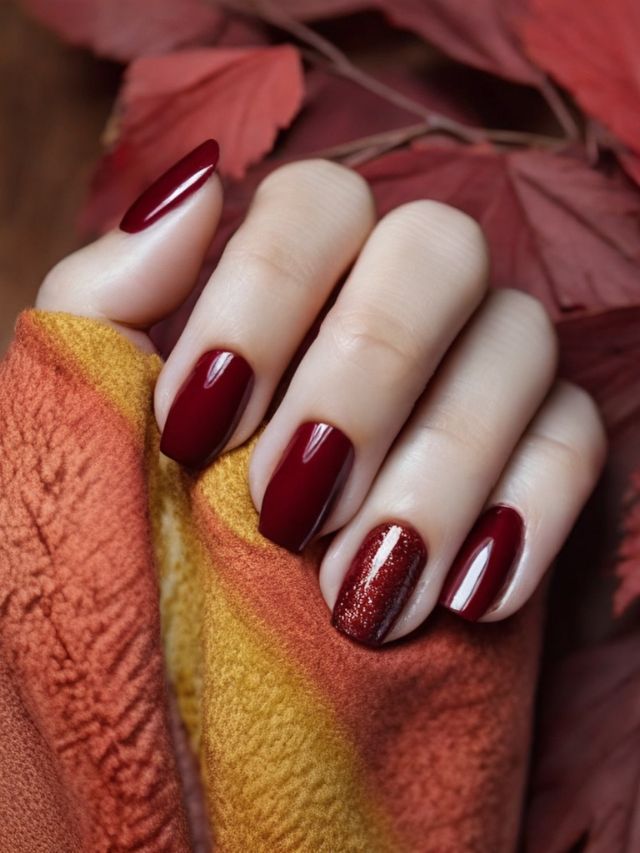A woman's hand with burgundy nails on a cozy fall blanket.