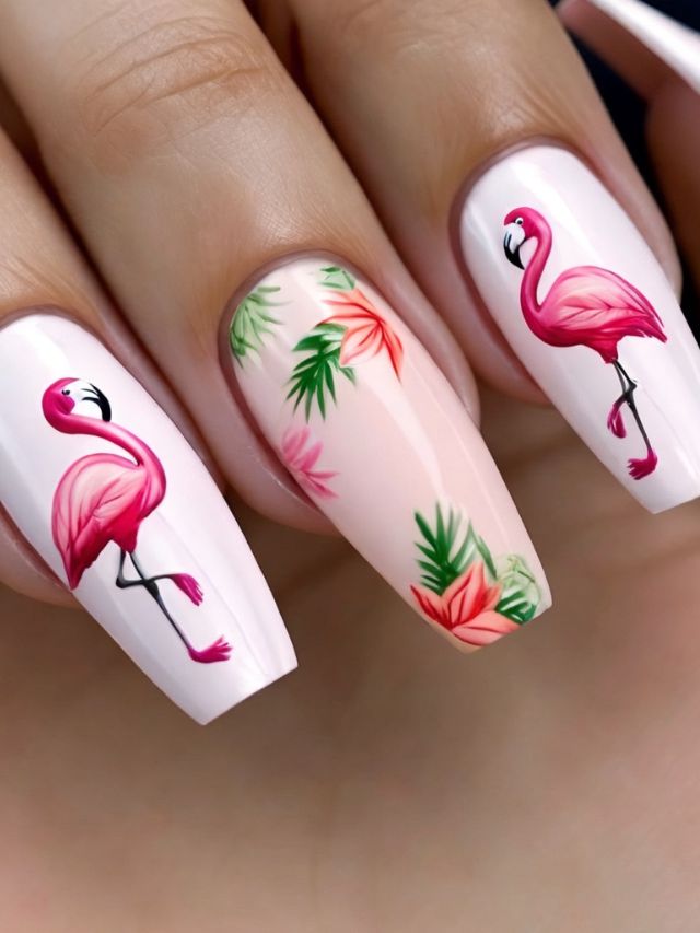 Luau-inspired pink flamingo nail art.