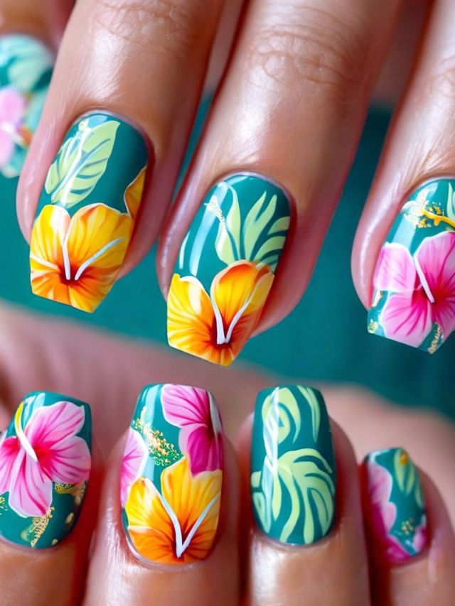 Luau-inspired nail designs with hibiscus flowers.