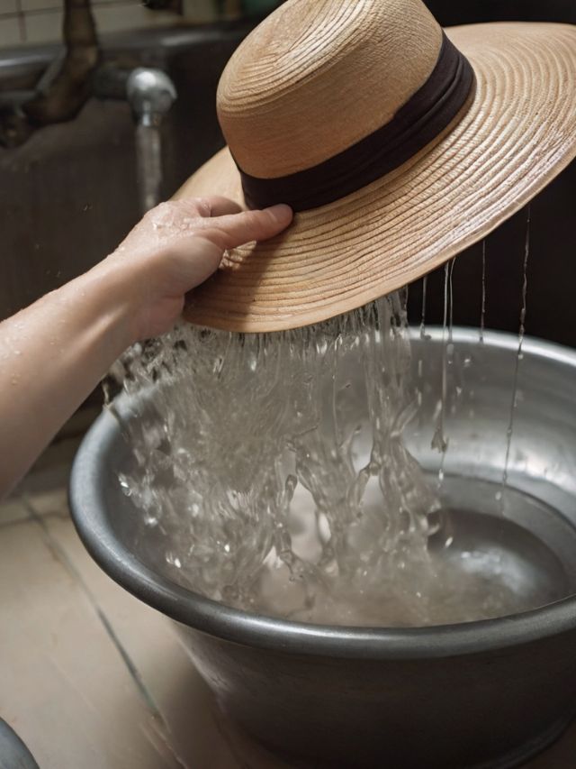A person washing a straw hat in a sink.