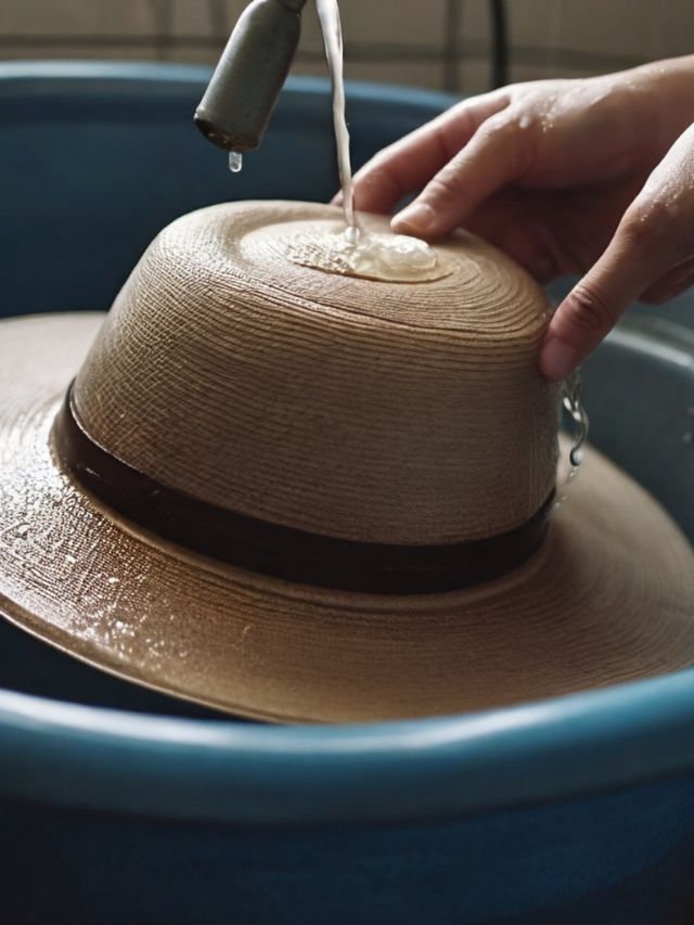 A person washing a hat in a sink.