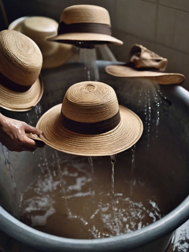 Hats being washed in a bathtub.