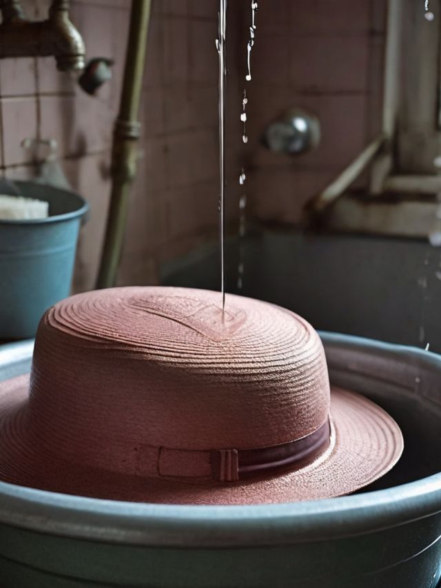 A pink hat is being washed in a sink.