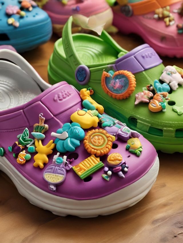 A group of colorful clogs with a variety of decorations.