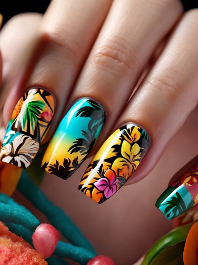A woman's nails are adorned with vibrant tropical flowers, showcasing creative nail designs inspired by a luau.