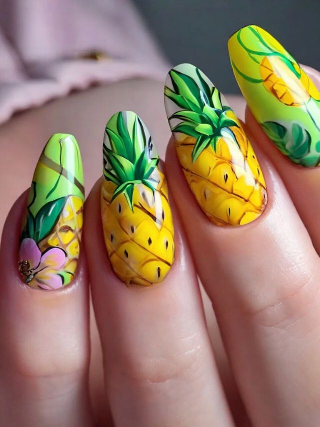A woman's nails are adorned with pineapple nail designs, perfect for a luau-inspired look.