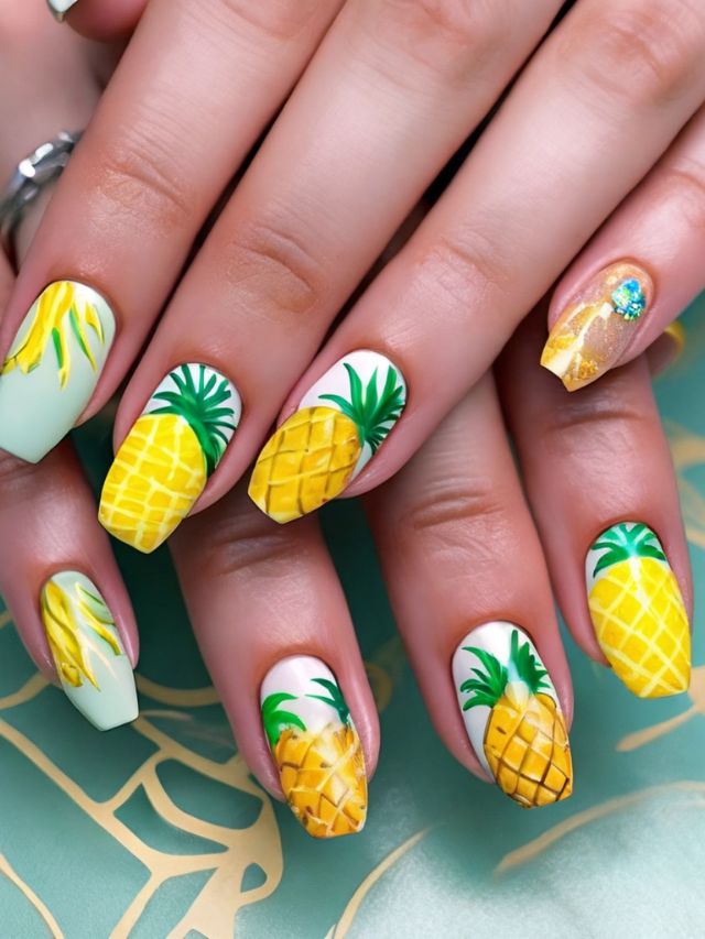 A beautiful woman's nails are creatively decorated with pineapples, adding a fun Luau vibe to her style.