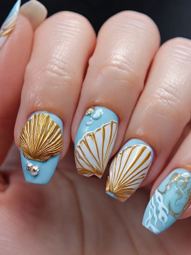 A person showcasing a beautiful blue nail adorned with gold shells, exhibiting stunning nail design inspired by the luau theme.