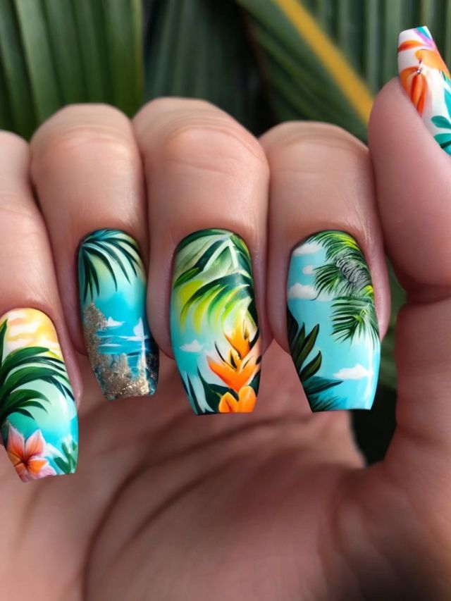 A woman's nails are adorned with tropical flowers in a luau-inspired nail design.