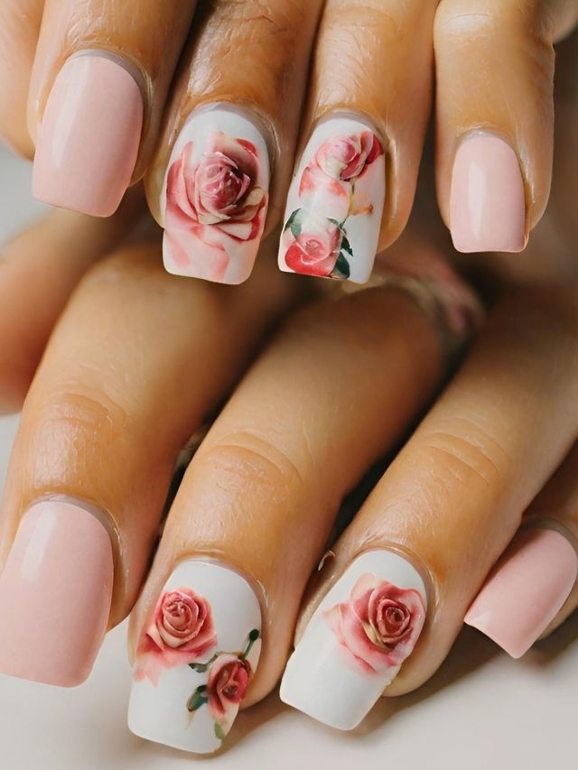 A woman's pink and white nails with roses on them.