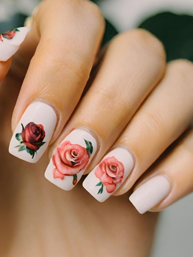 A woman is holding a white nail with roses on it.