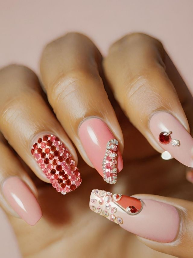 A woman's pink nails with rhinestones and rhinestones.