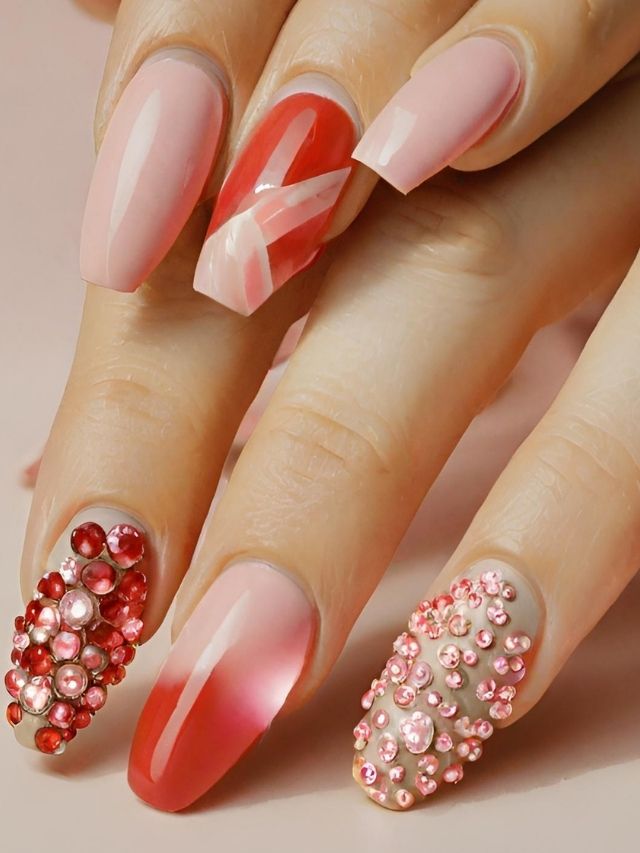 A woman's nails are decorated with red and pink rhinestones.