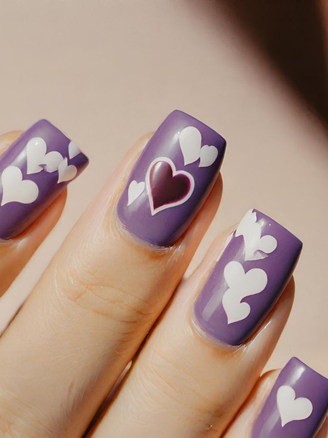 Purple nails with white hearts, perfect for Valentine's Day.