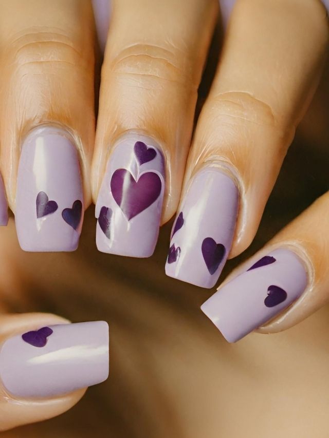 A woman with Valentine's Day-inspired nail art featuring purple hearts.