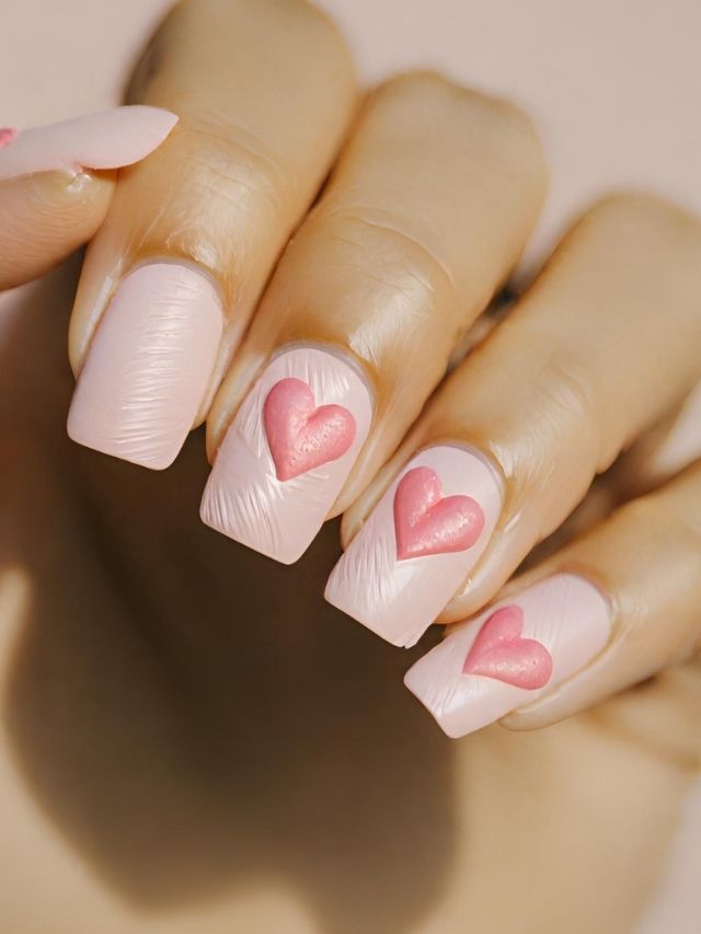 A woman's pink nails adorned with hearts, perfect for Valentine's Day.