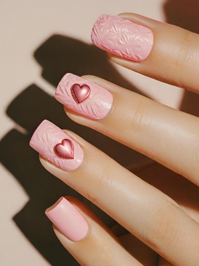 A woman's pink nails adorned with hearts, perfect for Valentine's Day or a romantic occasion.