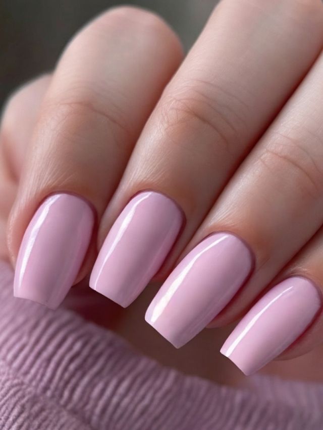 A woman's hand with pink nail polish on it.