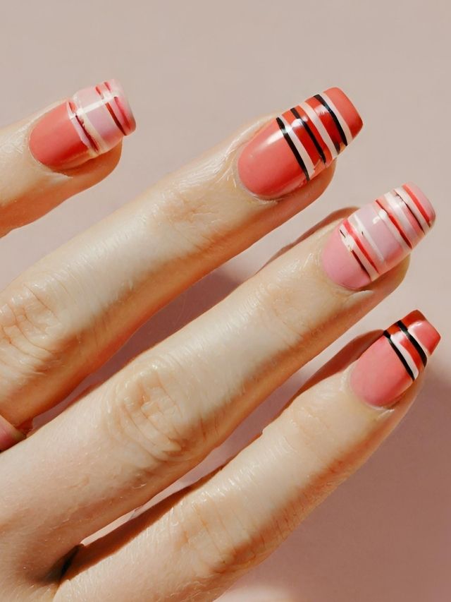 A woman's hand with pink stripes on it, showcasing a Valentine's Day nail dip design.