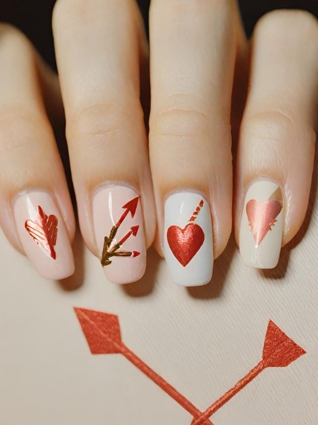 Valentine's day nails with hearts and arrows can be achieved with these creative Valentine's nail dip ideas.