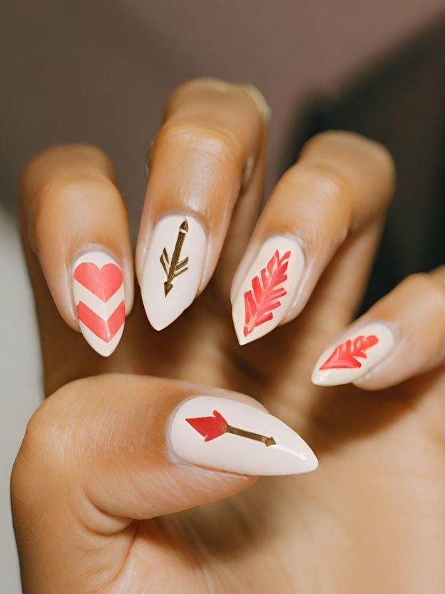 A woman's nails adorned with a creative combination of arrows and hearts, perfect for Valentine's Day or any romantic occasion.