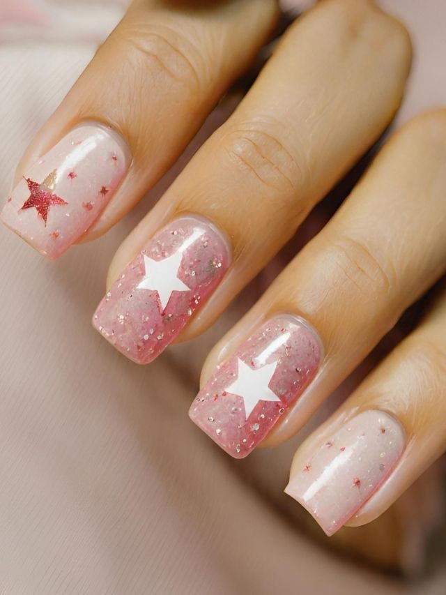 A woman's pink and white nails with stars on them - perfect for Valentine's Day!
