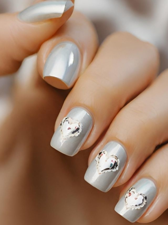 A woman's nails adorned with shimmering silver hearts, perfect for Valentine's Day.
