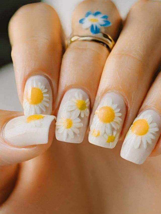 A woman with daisies on her nails, perfect for Valentine's Day.