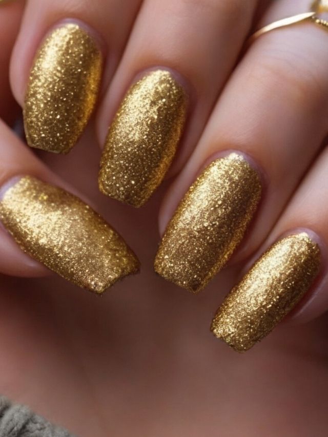 A woman's nails with gold glitter on them.