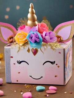 A unicorn shaped box filled with candy and flowers.
