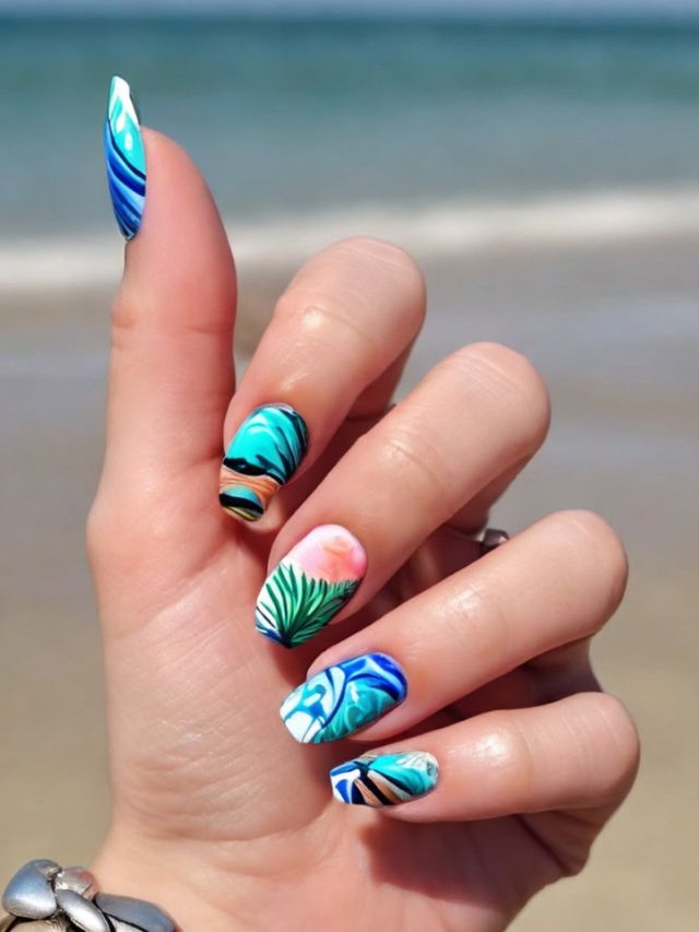 A woman's hand showcasing a vibrant luau-themed nail art design.