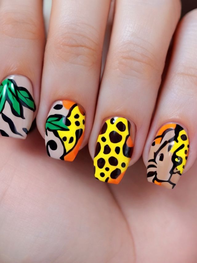 A woman's nails with a tiger design on them.