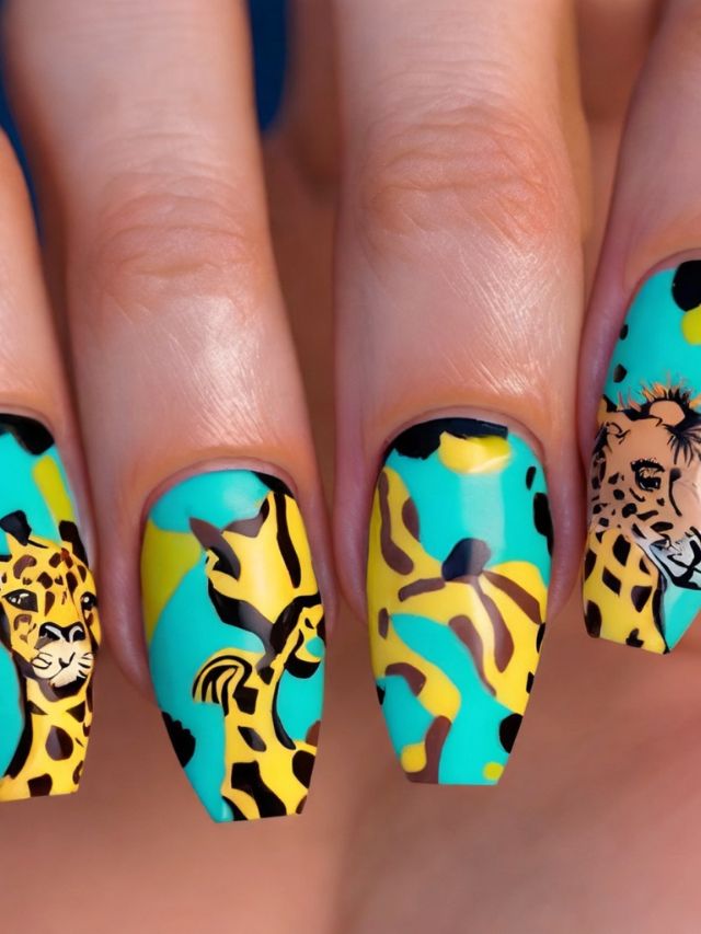 A woman's nails are decorated with zebras and tigers.