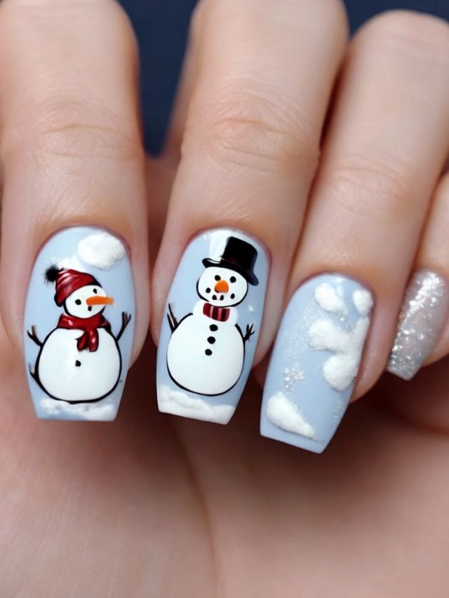 A hand with painted snowman nails featuring Ninja Turtle Nail Designs.