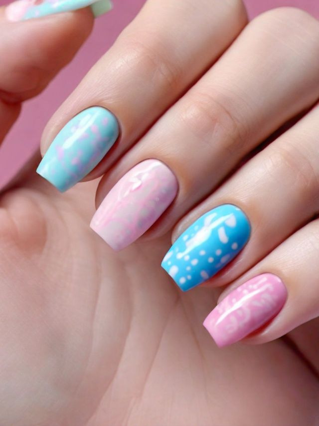 A woman's pink and blue nails featuring adorable polka dots, perfect for Easter nail designs.