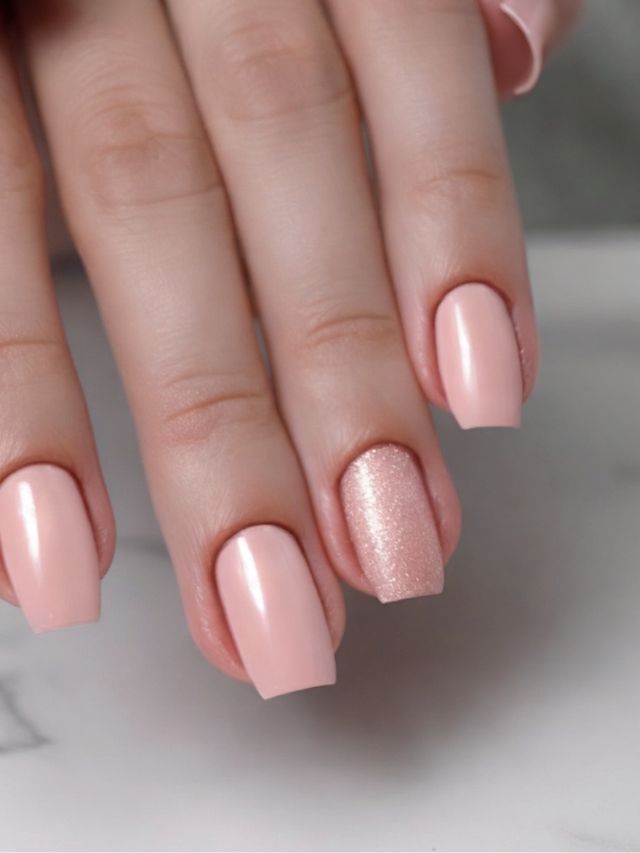 A woman's hand with pink nails and a pink manicure.